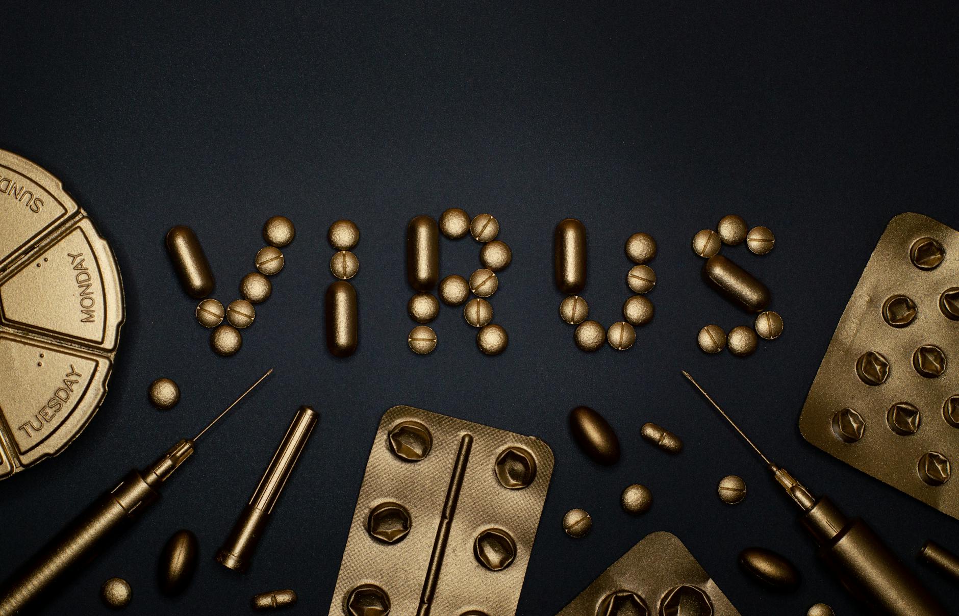 syringe and pills on blue background